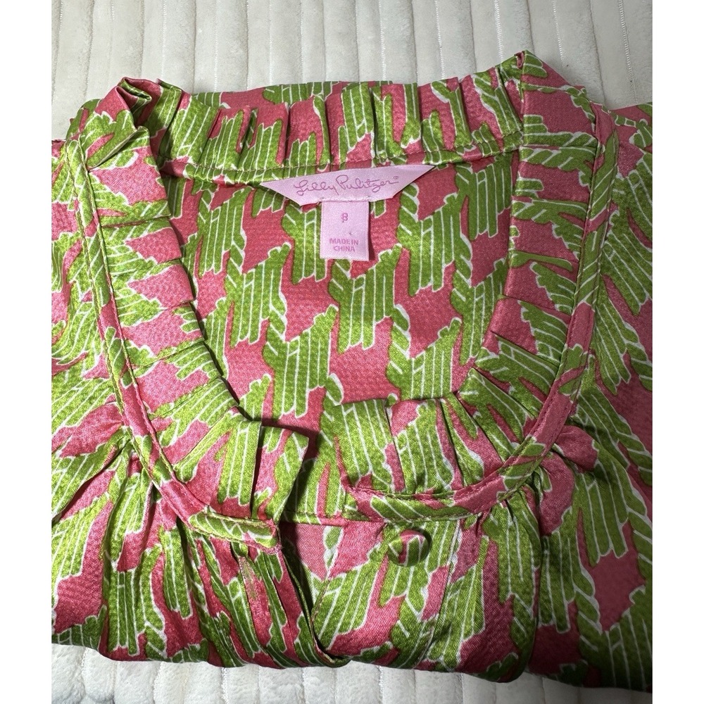 Lilly Pulitzer Crissa Top Pink & Green Houndstooth 100% Silk Ruffle Blouse Sz. 8